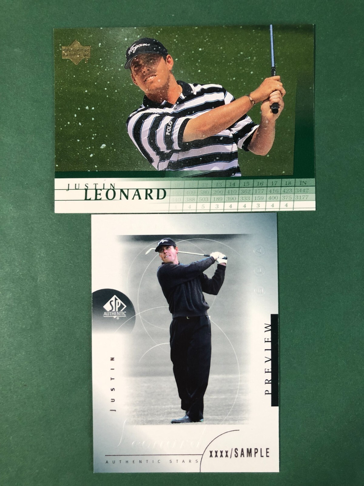 2001 Upper Deck Justin Leonard RC LOT #16 & SPA XXXX/Sample #32 Authentic Stars