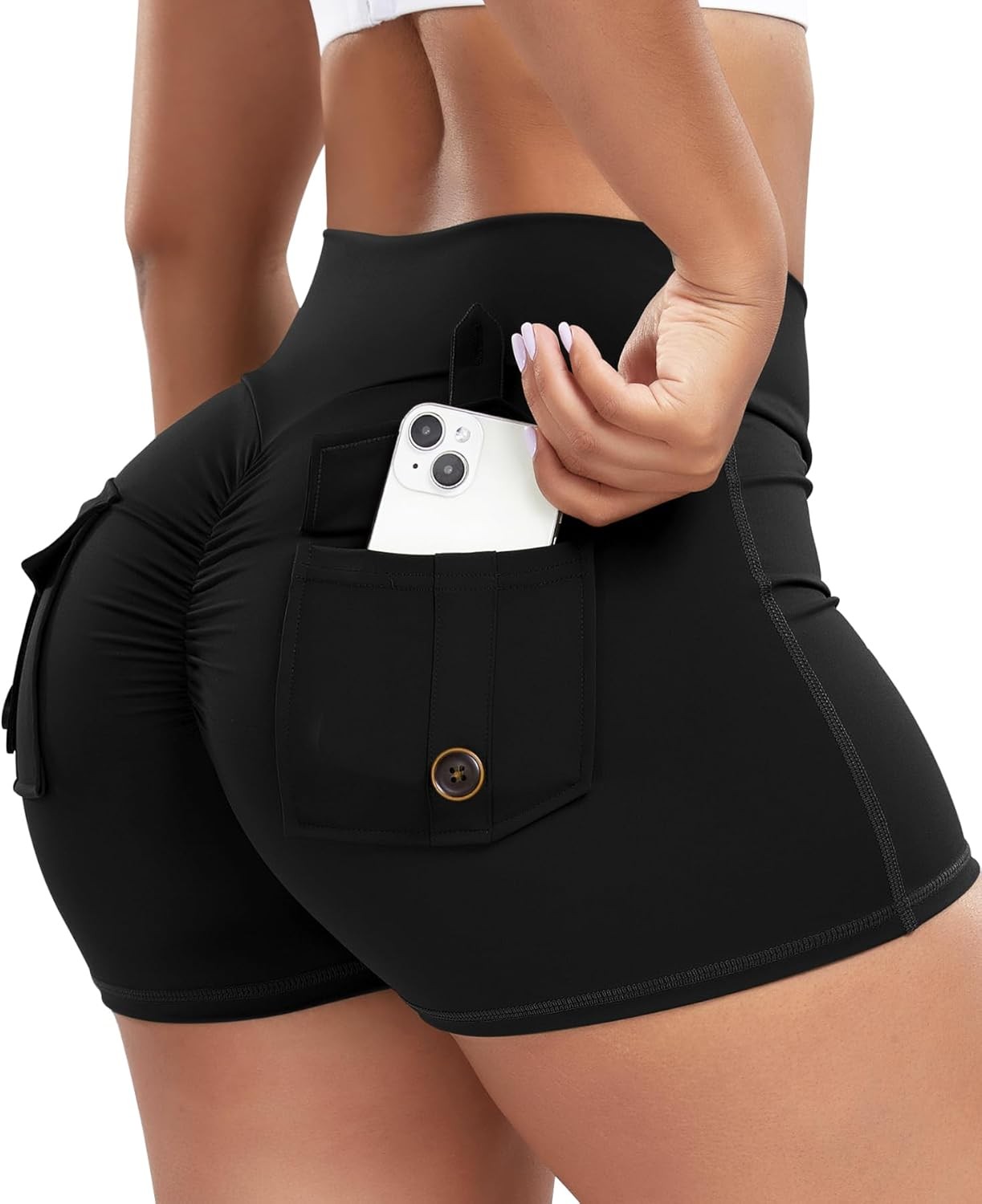 FITTOO Scrunch Butt Lifting Shorts for Women with Pocket Cross Medium, Black 