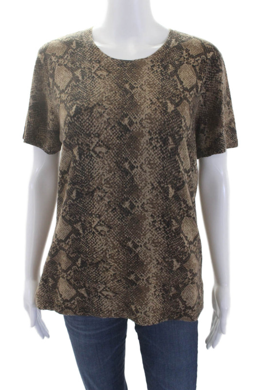 Tesori Women's Round Neck Short Sleeves Snake Print T-Shirt Brown Size L