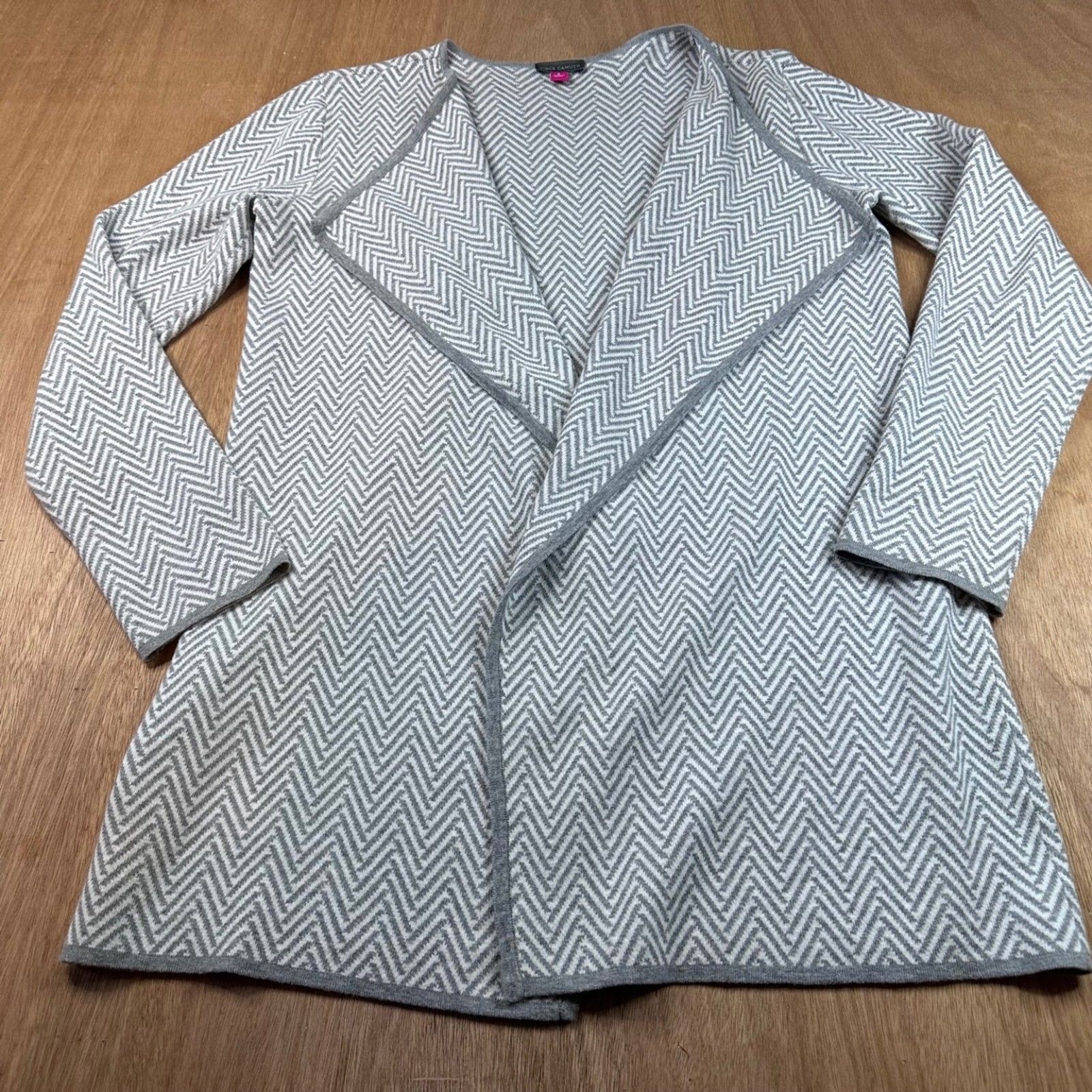 Vince Camuto Gray White Herringbone Open Front Cardigan Sweater Size S