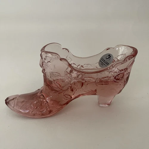 Vintage Fenton Art Glass Slipper Shoe Pink Cabbage Rose Original Sticker