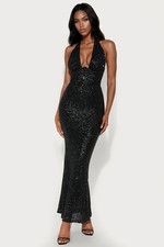 Fashion Nova Sophia Sequin Halter Maxi Dress - Black Size M