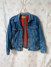 Vintage 80s Plain Pockets Flannel Lined Denim Jacket 48 Tall Buffalo Plaid