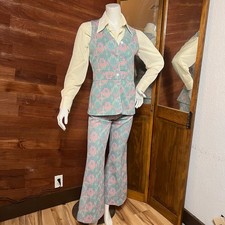VINTAGE 70s Cotton Candy Pantsuit Size 4 Geometric Vest Flared Pant Hippie Mod