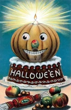 Halloween, Halloween Cake Vintage Reproduction Postcard