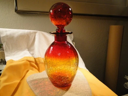 Amberina Crackle Glass Decanter & Stopper 9" Tall, ? Blenko, Exc. Cond.