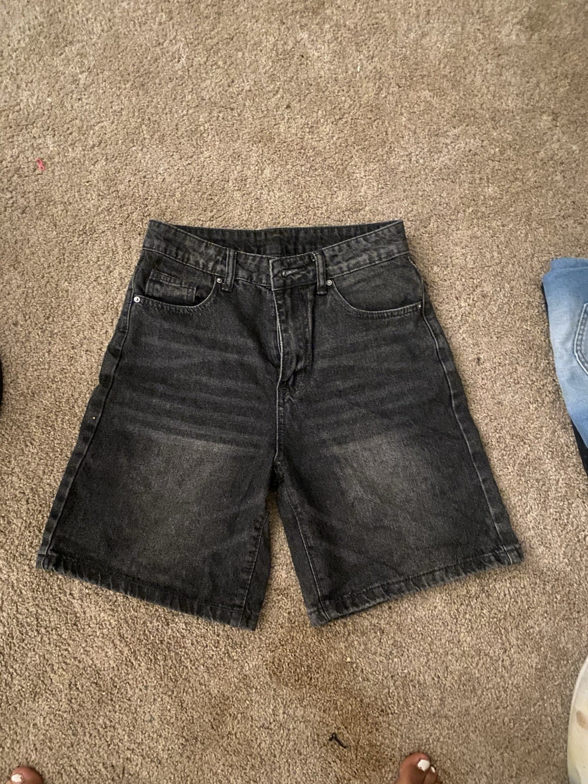 Black Denim Men's Flat Front Casual Shorts 5-Pocket Design Button Closure