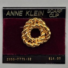 Vintage Anne Klein Scarf Clip Gold Tone Twisted Rope Knot Round Glossy NEW Read