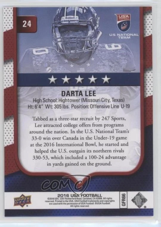 2016 Upper Deck USA Football USA U19 Flag Wave Darta Lee #24 - Image 2 of 2