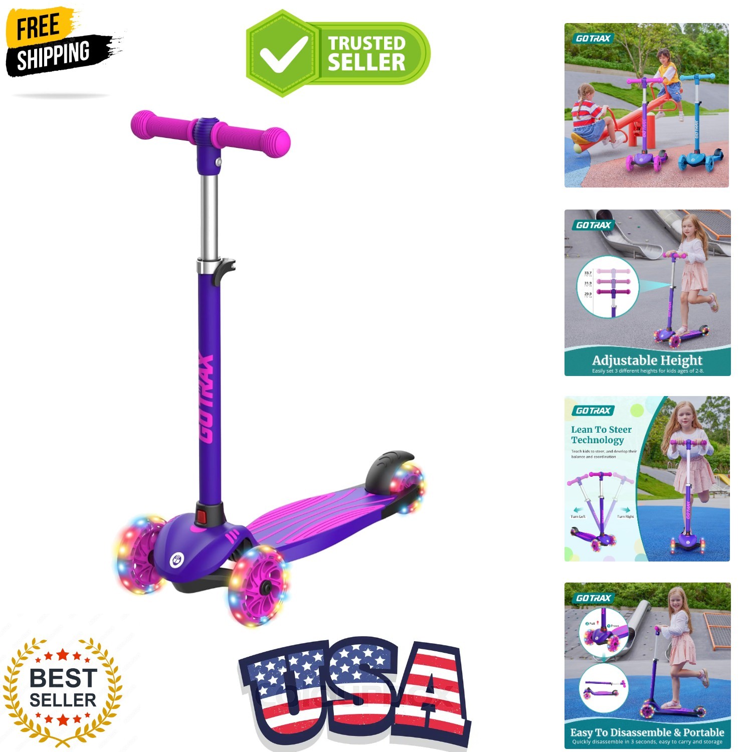 KS1 Kids Kick Scooter, LED Lighted Wheels and 3 Adjustable Height Handlebars,...