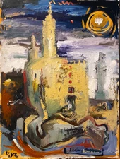 Surrealism Castle Figure Landscape Original Oil Painting 18x24 Canvas