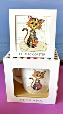 Bug Art Lesser & Pavey schrullige Katze Tasse & Untersetzer Geschenkidee Katzenliebhaber Tasse NEU