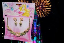 DISNEY Princess Aurora Kids Jewelry Set Gold Tone Necklace w/ Earrings Dress Up