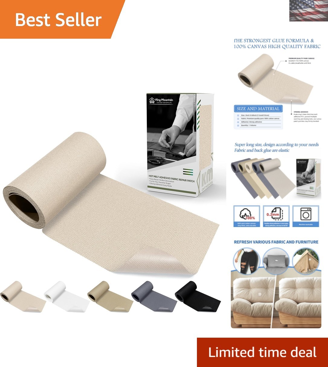 Beige 3x60 Inch Cotton Canvas Iron-On Patch for Durable Fabric Repair