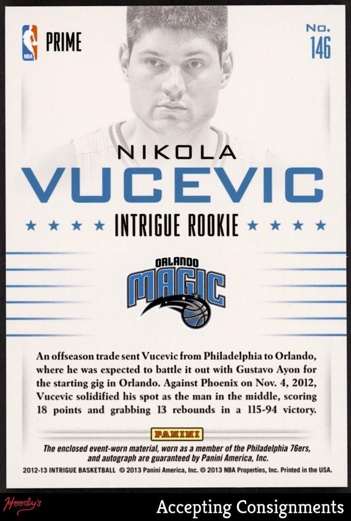 2012-13 Panini Intrigue Prime Nikola Vucevic RC ROOKIE PATCH AUTO RPA 02/10 view 2