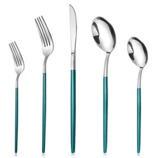 20-Piece Silverware Set With Green Handle,Stainless Steel Cutlery Set Service...