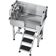 34" Dog Grooming Bath Tub Stainless Steel with Stairs Faucet Showerhead