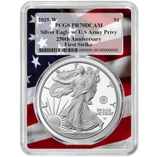 2025-W $1 1-oz Proof American Silver Eagle Army Privy PCGS PR70DCAM FS Flag