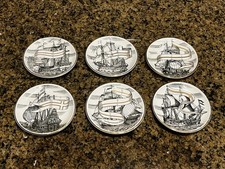 6 VELIERI Fornasetti Italy Coasters Tall Ship Black Gold MCM Bonwit Teller 4"