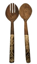 Vintage Handcrafted Wooden Salad Servers with Floral Carved Bone Handles -...
