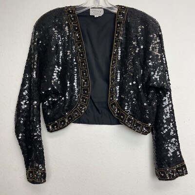 Vintage Black Silk Bolero Jacket Woman's Sequin Size L