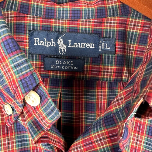 Ralph Lauren Shirt Men Large Orange Blue Plaid Button Up Custom Fit Dress Poplin - Picture 4 of 10
