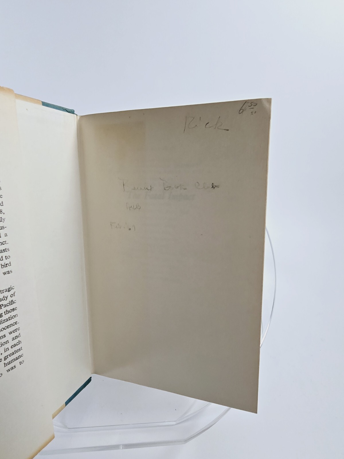 Open 1967 hardcover of *The Fatal Impact* by Alan Moorehead with green dustjacket and white paper.