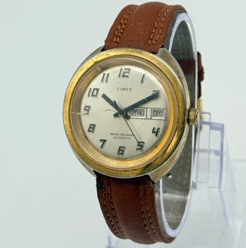 Vintage 1974 TIMEX Viscount Automatic Gold Tone Watch, 39mm, CRACKED 4686103374