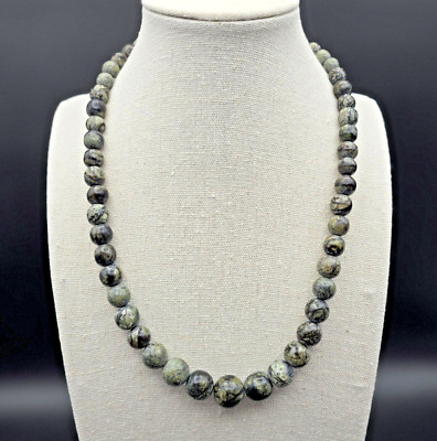 Serpentine Stone (Infinite Stone) Green-Gray & Black Graduated Bead Necklace 18''