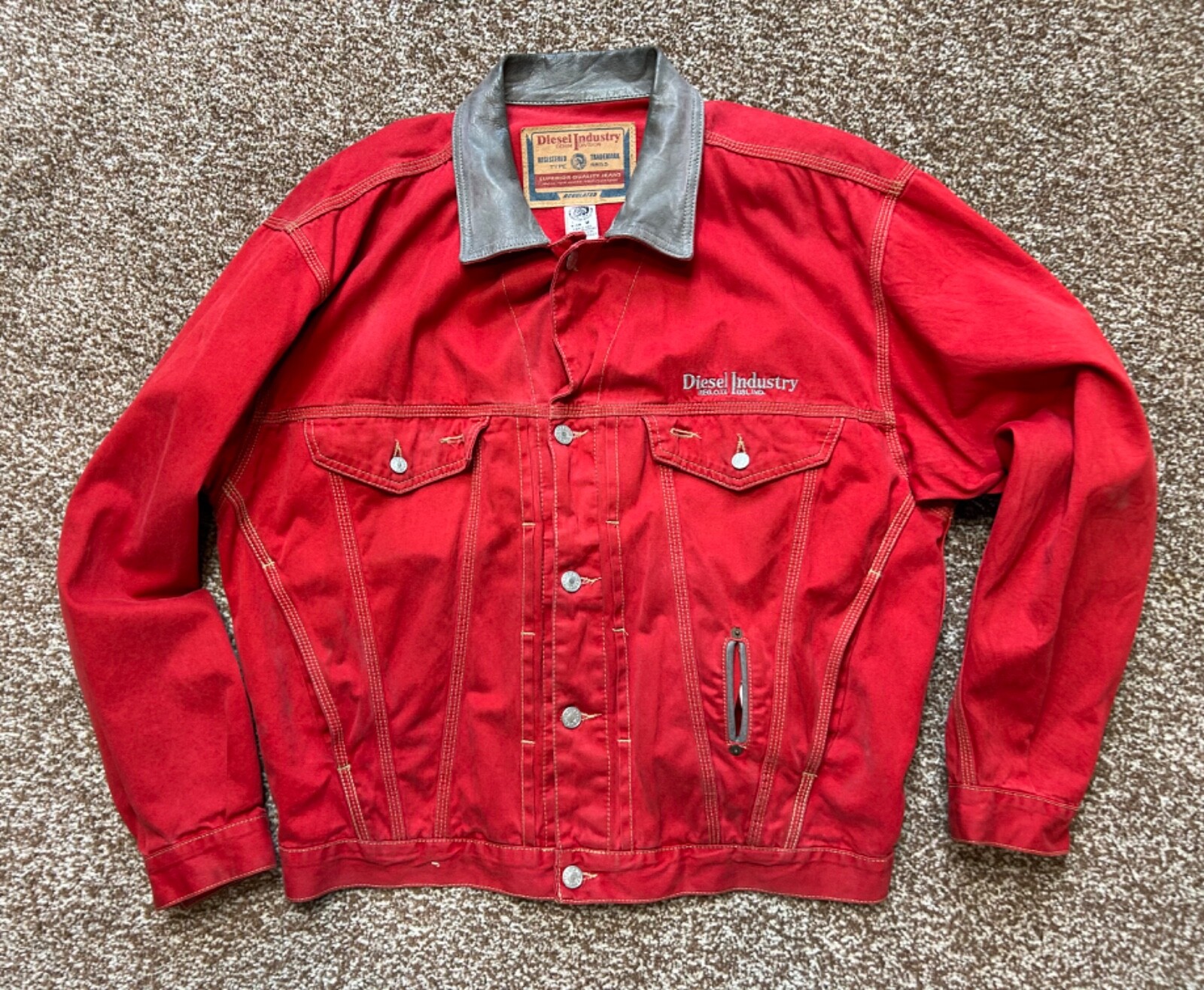 DIESEL Red Cotton Mens Jacket w Leather Collar Medium