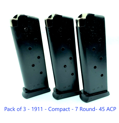 3 Pack Compact 1911 Officers 45 ACP 7rd Steel Pistol Magazine CS