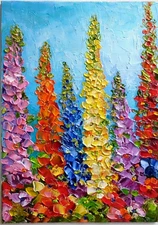 Delphinium Flowers  Original OIL Impasto PAINTING Impressionism 7"x 5"Olga Diduh
