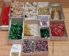 Lot of Assorted Craft Supplies Pom-Poms Sequins Ribbon Rhinestones Pins Beads