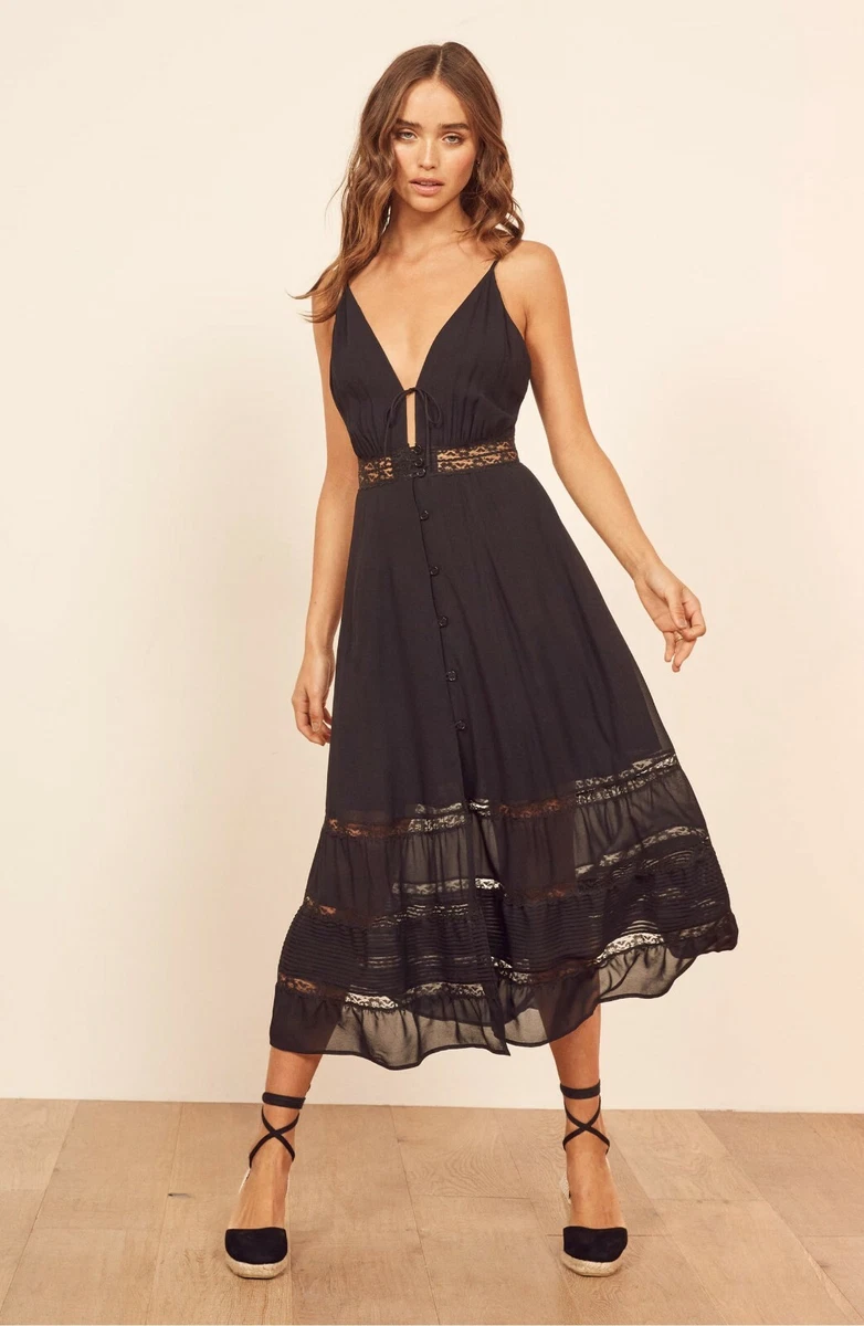 REFORMATION Black Lace Stripe Keyhole SHELLEY Sleeveless Crepe Midi Dress 12 GUC