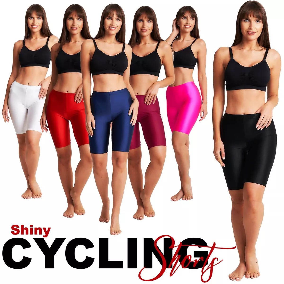 LADIES WOMENS SHINY LYCRA CYCLING SHORTS BIKER STRETCHY DANCE YOGA