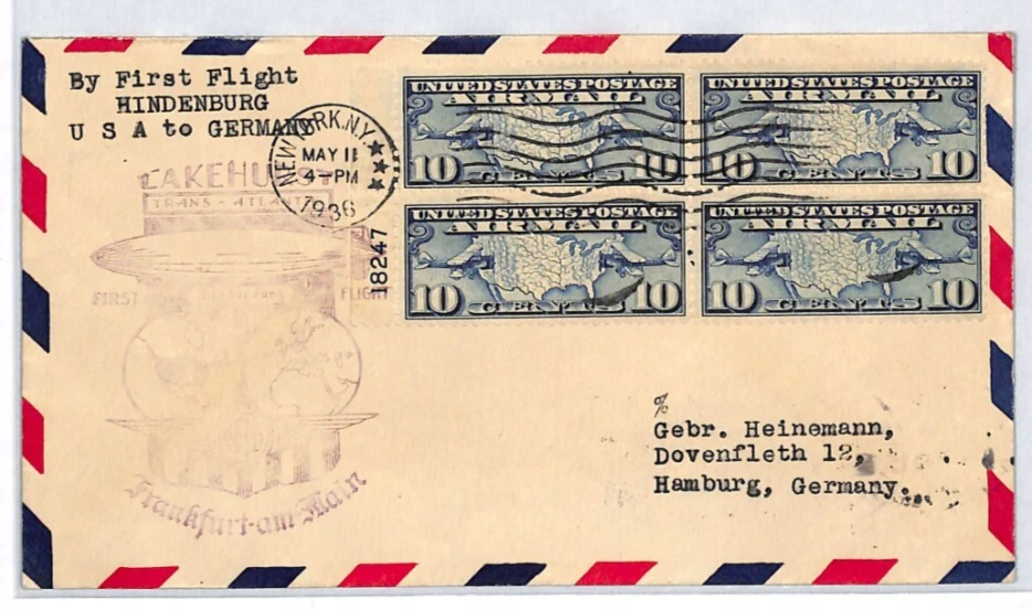USA Cover HINDENBURG ZEPPELIN Air Mail 10c Block 1936 FIRST FLIGHT Hamburg LZ330 - Image 2 of 4