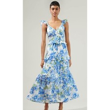 Truth Be Told Blue Floral Tiered Maxi Dress, Large, ruffled, tiered, coquette
