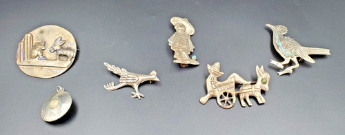 6pc Collection of Mexican Sterling Silver Brooches + Pendant Taxco, Roadrunner