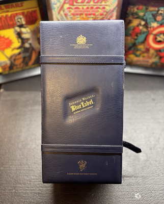 Rare Johnnie Walker Blue Label Leather/Presentation Case Box Blue Gold Opened