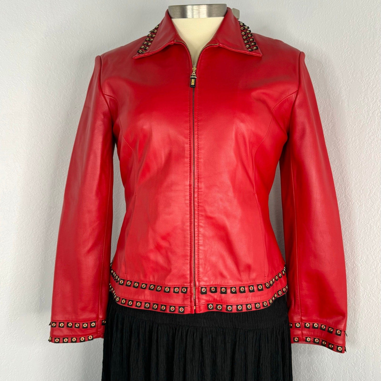 St. John Sport Red Leather Jacket Blazer Grommet Detailing Size Large