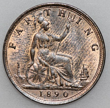 1890 VICTORIA YOUNG HEAD, BRITISH BRONZE FARTHING, aBU WITH LUSTER