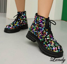 Sequins Women's Round Toe Ankle Boot Lace Up Shoes Casual High Top Fashion Pumps