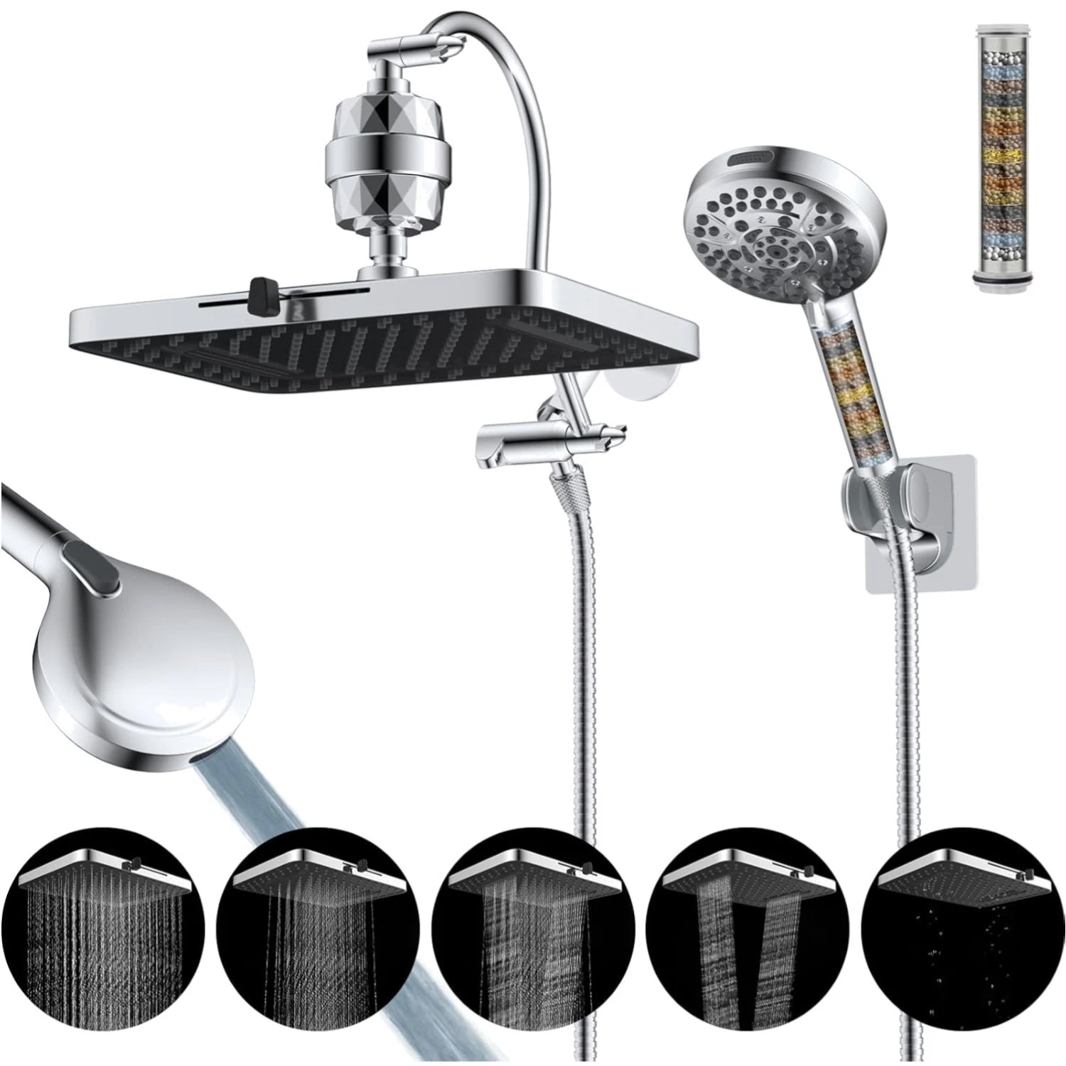 Upgraded 5-spray 13'' Dual Filtered Rainfall Shower Head Combo, High Pressure...