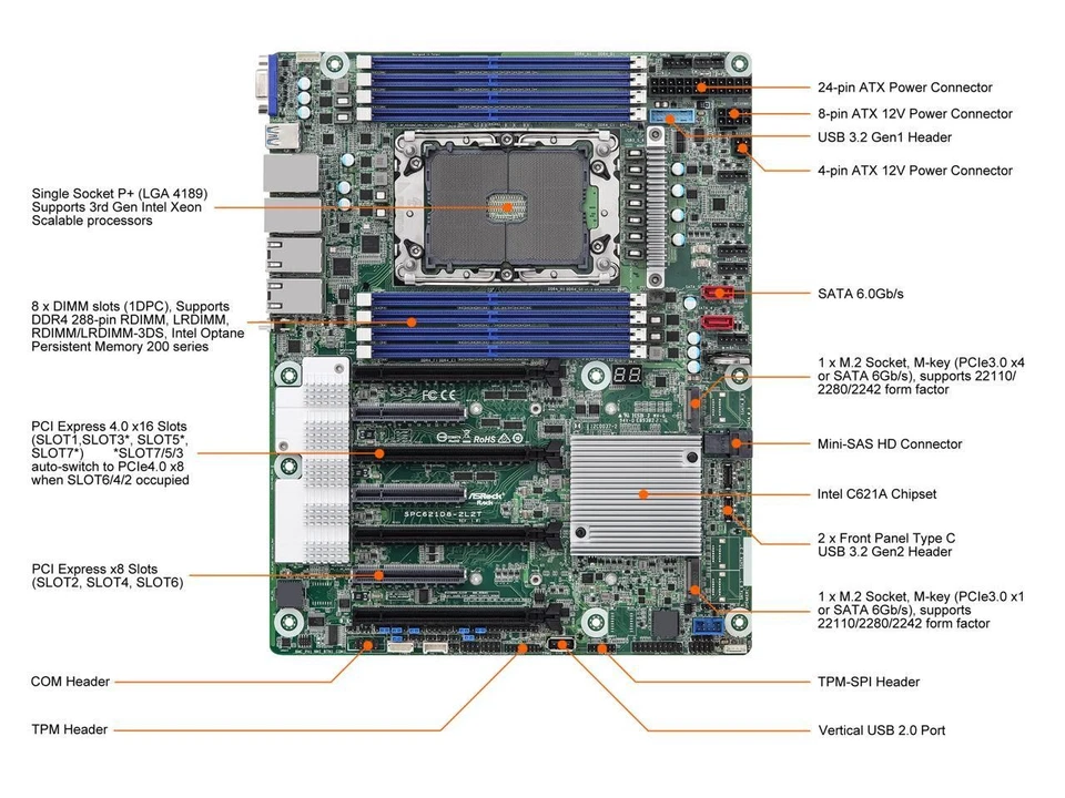 AsRock Rack SPC621D8-2L2T ATX Server Motherboard Single Socket P+ (LGA 4189) Int - Image 2 of 4