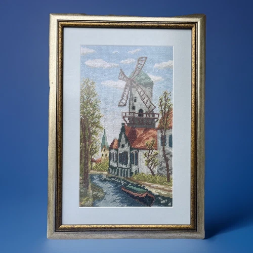 Finished Cross Stitch Windmill Homes Lake Vtg Matted Framed W/glass 10.7X15.5”