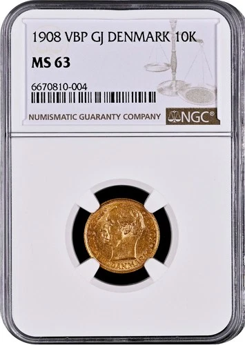 Denmark Gold 10K 1908 MS 63 NGC Certified