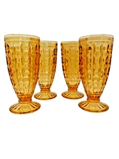 NOS 4 Footed Iced Tea/Water Glasses Vintage MCM Pressed Amber Glass Indiana ? 