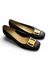 Salvatore Ferragamo Vintage Black Leather Square Toe Pumps Gold Hardware Italy