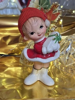 Vintage 1950s Christmas Girl Elf - Smiling Pixie Figurine  real  Hair NAPCO