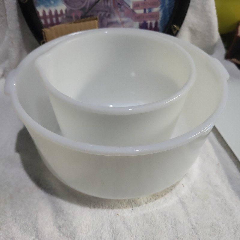 2 Vintage Glasbake for Sunbeam Large White Milk Glass Mixer Mixing Bowls